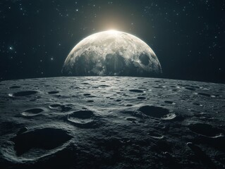 The moon's reflection on the cratered terrain of a rocky planet, with a starry sky.