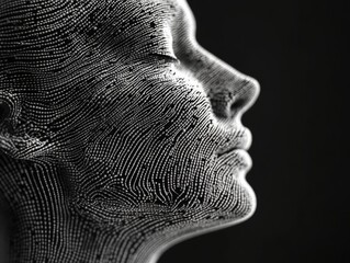 Woman's profile facing the right, showcasing high-definition facial recognition technology and detailed rendering in monochrome. Perfect for security system illustrations.