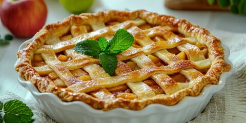 Freshly baked apple pie with golden brown crust and a hint of mint on top.