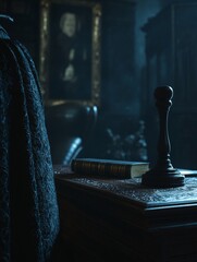 Vintage desk with dark drapery, book, and a figure in the background.