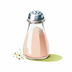 Illustrated glass salt shaker with pink Himalayan salt and a shiny perforated metal lid.
