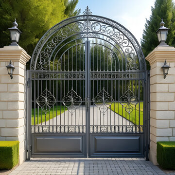 New forged metal massive gates with a wicket and two arches, golden gray, made in antiquity.