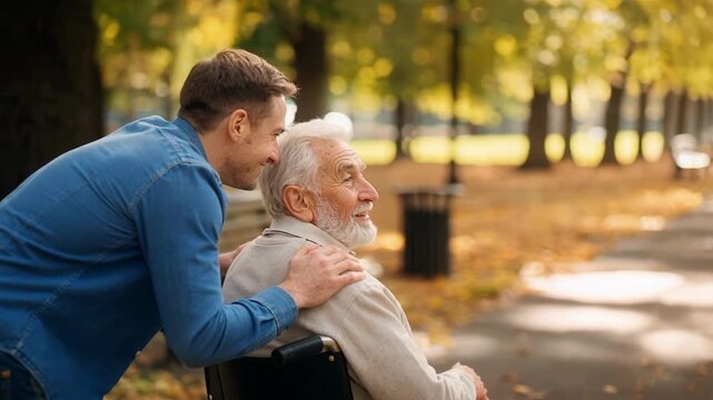 Young man offering compassionate help and support to elderly person with caring hands-on assistance and genuine connection