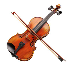 Violin with bow, angled against black background