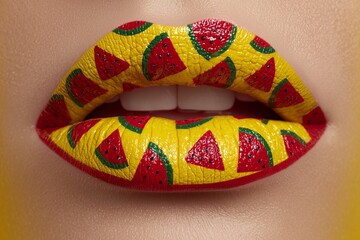 Lips painted with a vibrant pattern of red and yellow watermelon slices. The image captures a playful and artistic transformation.