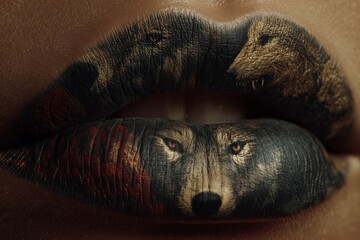 A wolf's face is intricately painted on a person's lips, blending human and animal features. The image captures a surreal and artistic transformation.