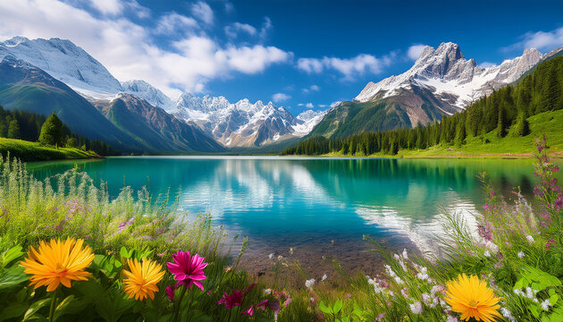 serene mountain lake digital painting majestic snow capped peaks reflected in tranquil turquoise waters surrounded by lush greenery and wildflowers - Powered by Adobe