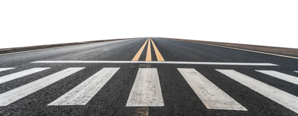 Endless road with clear horizon and bright crosswalk lines under a sunny blue sky background view