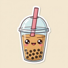 Adorable Bubble Tea Cartoon Character with Pink Straw and Smiling Face