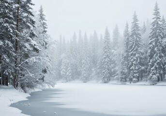 Obraz premium A serene winter wonderland showcasing snow covered pines along a frozen lake a landscape of frosted