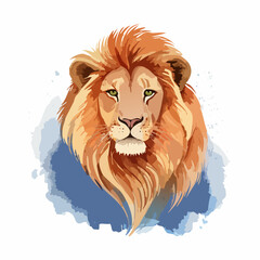 Obraz premium Regal lion head portrait with a flowing orange mane and piercing green eyes in a watercolor style.