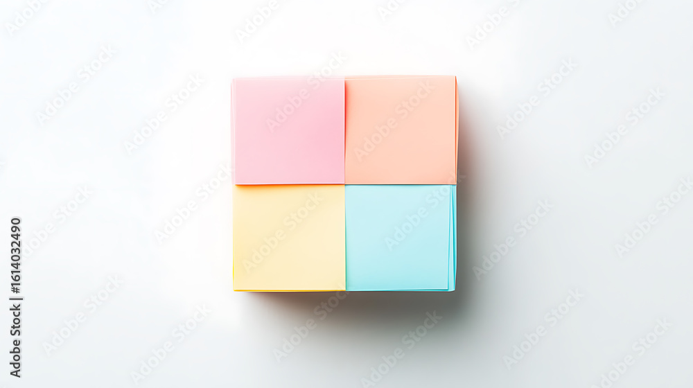 Poster four pastel-colored stacks of square sticky notes arranged in a grid pattern on a bright white surfa