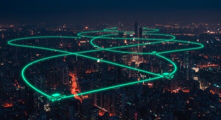 Futuristic city network at night, aerial view showcases seamless connectivity
