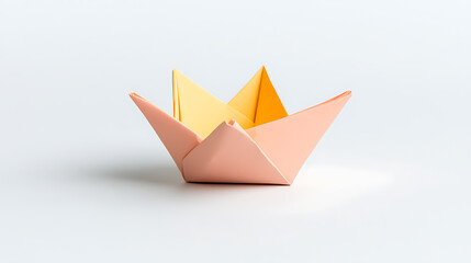 Artful origami ship crafted from paper, showcasing delicate folds and a minimalist aesthetic against a bright white backdrop. A study in simple forms.