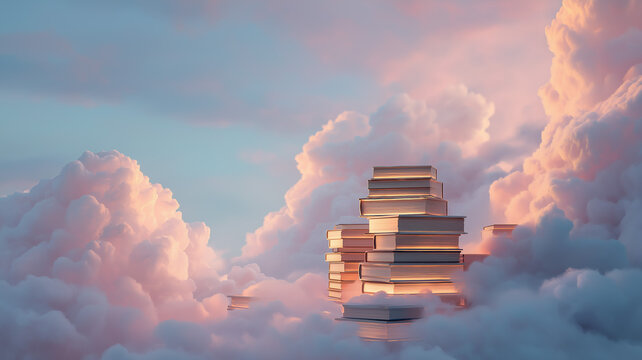 Angelcore cloud library, pastel sky with stacks of glowing books resting on airy clouds