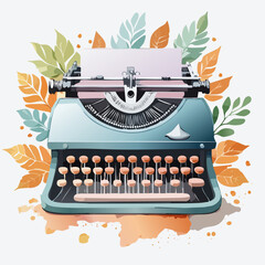 Retro blue manual typewriter with paper, illustrated in a charming watercolor style with autumn leaves.