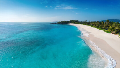 breathtaking aerial view white sand beach turquoise ocean clear coastal landscape witness pristine shore where sand meets crystal ocean with its subtle view of color perfect for beach escape