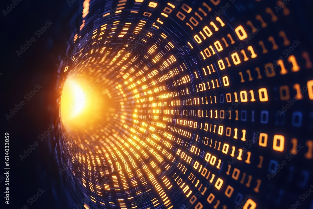 Poster abstract digital data flow with binary code and light burst