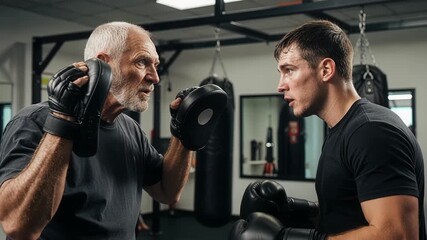 Experienced boxing coach providing intensive training instruction to young boxer with focused athletic mentorship and guidance - Powered by Adobe