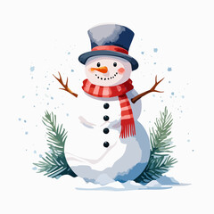 Charming watercolor snowman with a top hat, red striped scarf, and carrot nose.