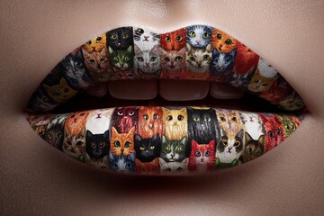 Lips painted with a vibrant and artistic pattern of various cat faces. The image showcases a creative and whimsical makeup design.