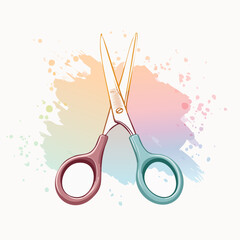 Hand-drawn illustration of open barber scissors with pink and teal handles and detailed steel blades.