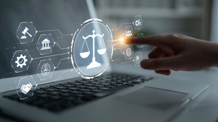 Futuristic digital law interface displaying justice scale, highlighting digital law, AI compliance,...