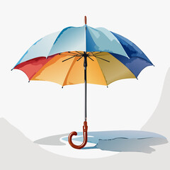 Stylized graphic illustration of an open, multi-colored umbrella with a classic brown J-hook handle.