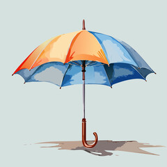 Vibrant open umbrella with orange and blue watercolor panels and a classic J-hook handle.