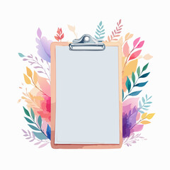 Elegant wooden clipboard with a metal clip and blank paper, adorned with a beautiful arrangement of colorful watercolor foliage.