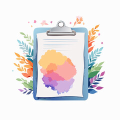 Artistic clipboard with colorful watercolor splotches and decorative floral elements.
