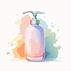 Artistic watercolor illustration of a translucent pastel soap dispenser with a metallic pump.