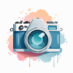Classic blue and white film camera in an artistic watercolor splash style.