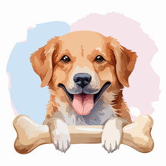 Joyful Golden Retriever cartoon with a happy smile, holding a large bone with its paws.