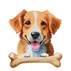 Vector illustration of a happy, smiling golden dog with a white blaze, resting its paws on a large cartoon bone.