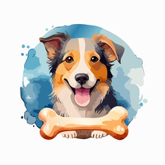 Joyful cartoon Australian Shepherd with a tricolor coat, smiling happily while holding a large bone.