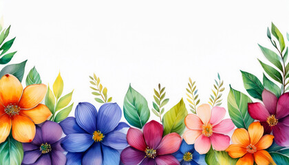 colorful watercolor flowers and green leaves arranged along the bottom border on a white background