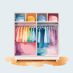 Open white wardrobe with neatly arranged clothes organized by rainbow colors, watercolor style.