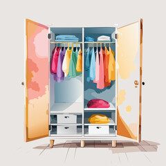 Open white wardrobe with colorful watercolor doors, filled with vibrant clothes, shelves, and boxes.