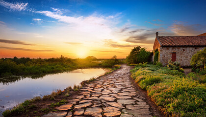 a scenic view of a sunlit pathway lined with cracked earth and reflecting water leading to a rustic stone cottage surrounded by lush greenery under a colorful sunset sky