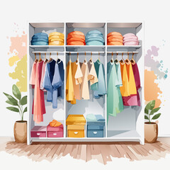 Illustrated open white closet with neatly arranged colorful clothing, folded stacks, and storage boxes.