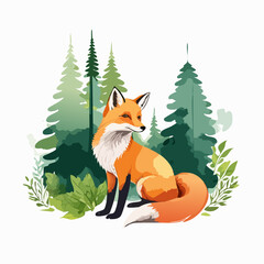 Elegant red fox with a bushy tail sitting in a stylized green pine forest illustration.