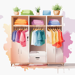 Open white wardrobe with colorful clothes on hangers, folded towels, and decorative plants, in a soft watercolor style.