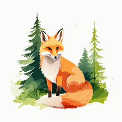 Charming red fox illustration with a bushy tail and alert pose among pine trees.