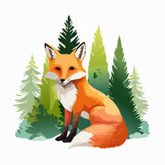 Elegant sitting red fox with a bushy white-tipped tail in a green pine forest illustration.