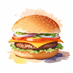 Vibrant watercolor illustration of a classic cheeseburger with fresh toppings and a sesame seed bun.