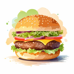 Classic cheeseburger illustration with a sesame seed bun, beef patty, cheese, lettuce, tomato, and onion.