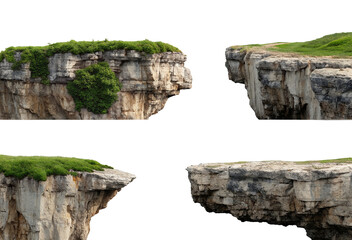 Majestic floating cliffs isolated on black background with lush green grass and foliage above rocky