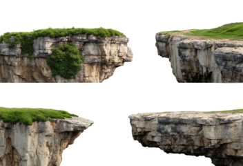 Majestic floating cliffs isolated on black background with lush green grass and foliage above rocky