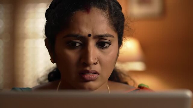 Anxious young Indian woman stares intensely at her laptop screen with a look of disbelief and shock